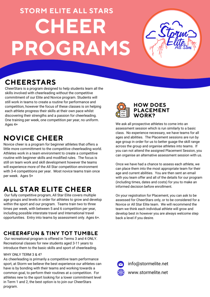 Description of the Cheer Programs offered by Storm Elite All Stars